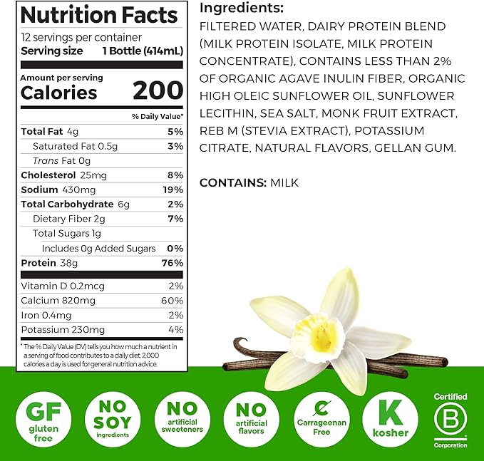 Orgain 38g High Protein Shake, Dairy Isolate Protein Milk, Vanilla, 6g BCAAs, 1g Sugar Per Serving, Meal Replacement, Ready to Drink, Keto Friendly, Gluten-Free 14 Fl Oz (Pack of 12)