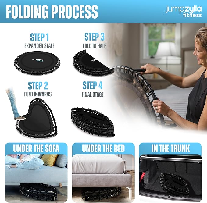 Jumpzylla Fitness Trampoline 40" or 48" | Foldable Mini Rebounder Trampoline for Adults with Bar | Durable, Quiet, Low-Impact Exercise Equipment for Indoor and Home Workouts (550 LBS Capacity)