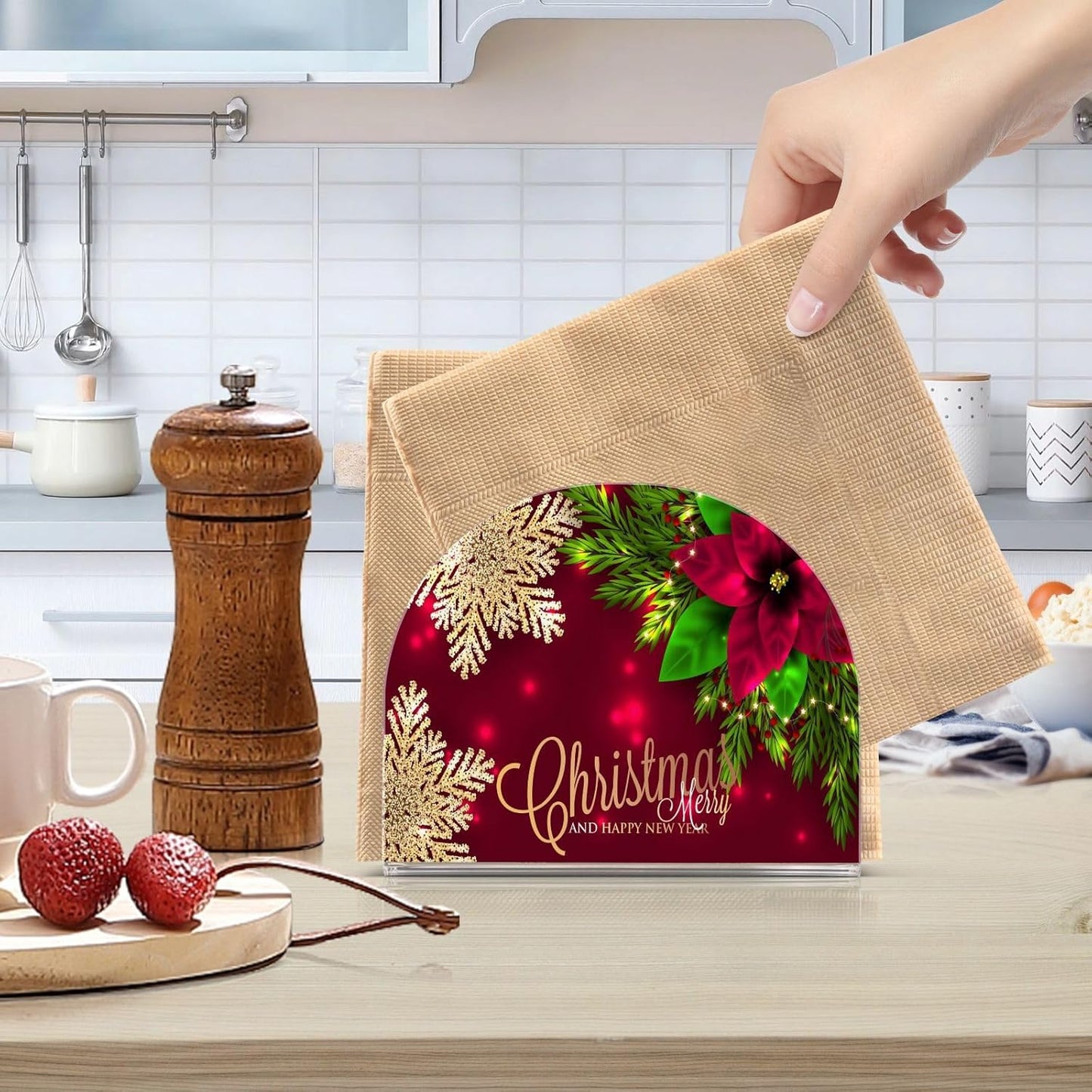 Christmas Poinsettia Flower Napkin Holder for Table Paper Napkins Holder Acrylic Tissue Dispenser Kitchen Dining Room Bathroom Party Car Decor