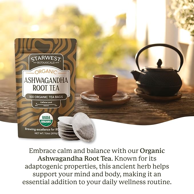 Starwest Botanicals Organic Ashwagandha Tea - Caffeine Free Herbal Tea, String Free Sachets, USDA Organic Ashwagandha Root, Non GMO - Bulk Pack, 100 Tea Bags