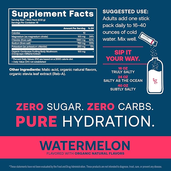 True Grace ElectroMag - 16 Stick Packs (Pack of 2) - Watermelon - Electrolyte Powder for Rapid Hydration - Sodium, Potassium, Magnesium & Cordyceps - Zero Sugar & Carbs - Non-GMO - 32 Total Servings