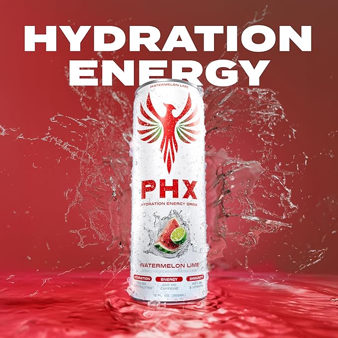 PHX Hydration Energy Drink - 700mg Electrolytes, 200mg Natural Green Tea Caffeine, 100% Daily Value 8 Essential Vitamins - 12 oz Cans (12 Pack) (12 Pack, Watermelon Lime)