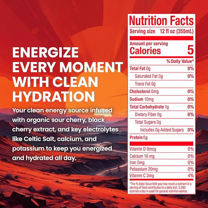 JUNO ENERGY Organic Cherry Sparkling Drink - Sugar Free Electrolytes, Energizing and Hydrating with 125mg Organic Caffeine from Green Coffee Beans, Organic Monk Fruit, Organic Sour and Black Cherry Juice & Electrolytes - Vegan, Gluten Free, 12 Pack