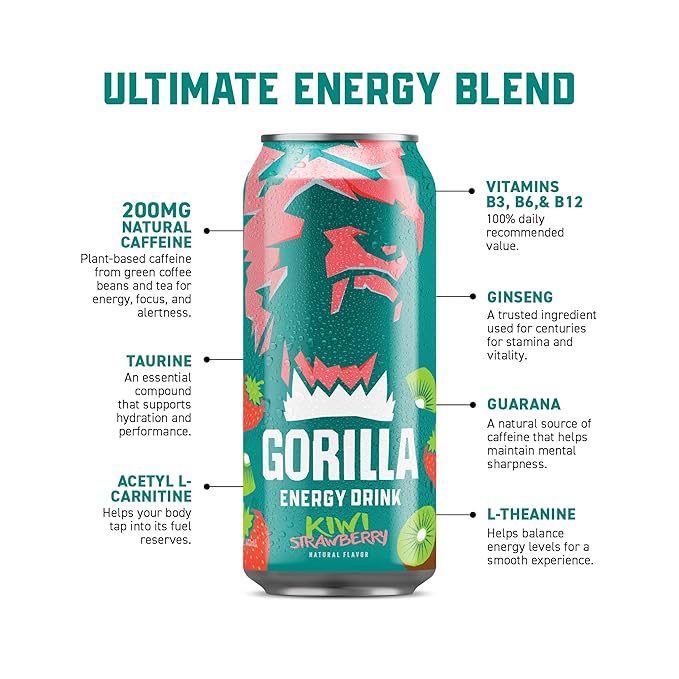 Gorilla Energy Drink, Kiwi Strawberry, 200mg Natural Caffeine, Real Fruit Juice Squeezed & Concentrated, L-Theanine, Taurine, Ginseng, Acetyl L-Carnitine, No Added Sugar and No Artificial Colors, 12 Pack