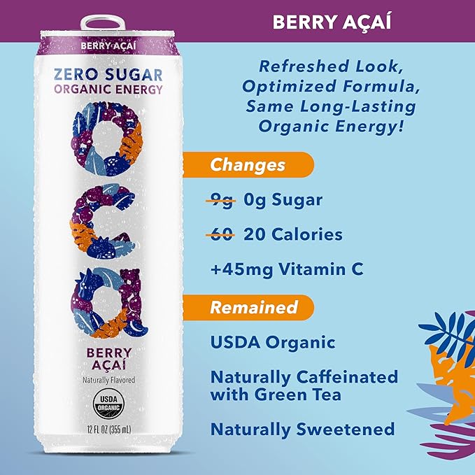 OCA ZERO Berry Acai, Organic energy drink, zero sugar, gluten-free, vegan plant-based, 12 Fl Oz (12 pack)