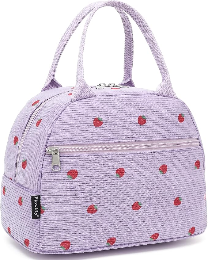 FlowFly Insulated Lunch Bag for Women – Corduroy Lunch Tote Box, Cute Cooler Bag for Work, Travel, Picnic,Corduroy Strawberries Purple