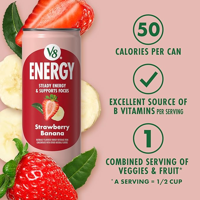 V8 +Energy Strawberry Banana Juice Energy Drink, 8 fl oz Can (24 Pack)