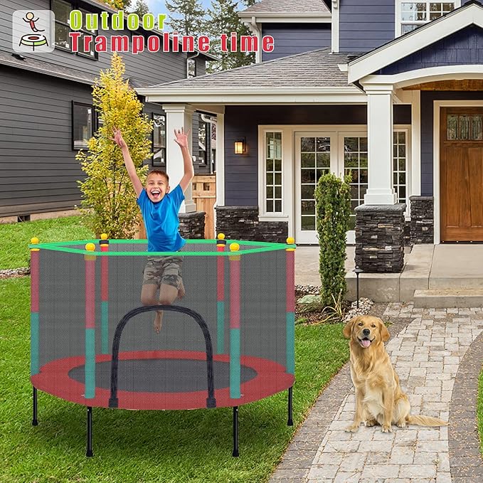 Kids Trampoline with Safety Enclosure Net - 5FT Trampoline for Toddlers Indoor and Outdoor - Parent-Child Interactive Game Fitness Trampoline Toy Gift for Boys and Girls Age 1-8