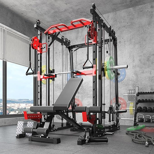 Smith Machine with LAT-Pull Down System & Cable Crossover Machine, 2000LBS Power Cage Rack for Garage Workout & Home Gym