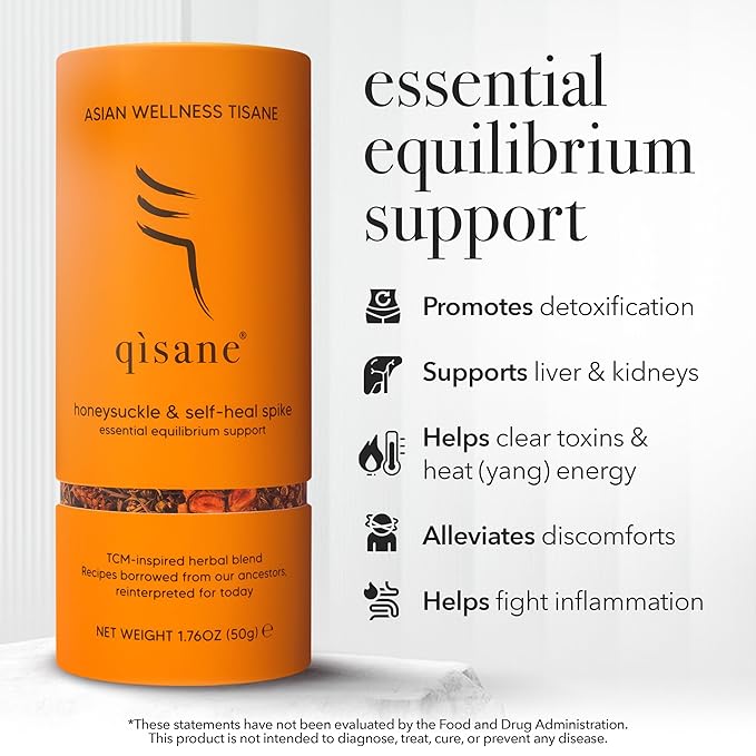 qìsane Honeysuckle Tea with Chinese Medicinal Plants - Dried Honeysuckle Flowers, Self Heal Spike, Lemon Verbena & Monkfruit to Help Support Detox & Ease Discomfort - 10 sachets (~30 cups)
