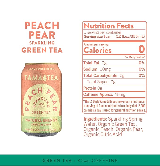 Tama Tea Sugar-Free Sparkling Green Tea, Peach Pear – Organic & Naturally Energizing – Zero Calories, Zero Carbs, Non-GMO – Antioxidant-Rich with 45mg Natural Caffeine – 12 oz Cans (12-Pack)