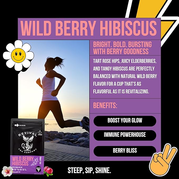 Revival Tea Company Wild Berry Hibiscus Tea - Herbal Tea Blend with Elderberry and Natural Wild Berry Flavor - Caffeine Free - 24 Tea Bags