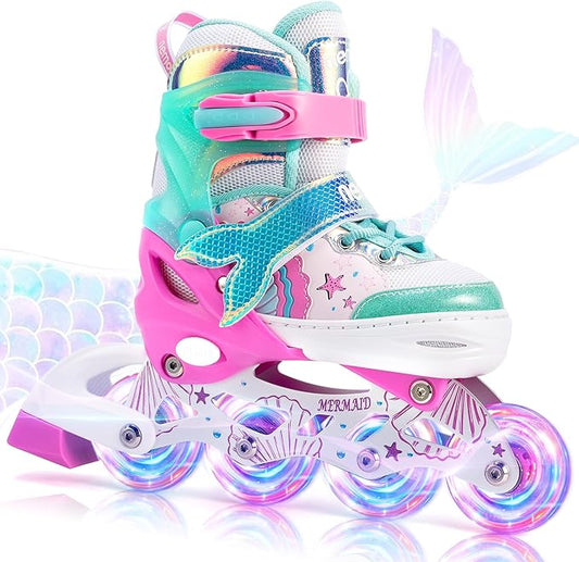 NEMONE Mermaid Inline Skates, 4 Sizes Adjustable Skates for Girls Kids with Light up Wheels, Indoor Beginner Outdoor for Kids Ages 4-6 5-8 6-12 8-12