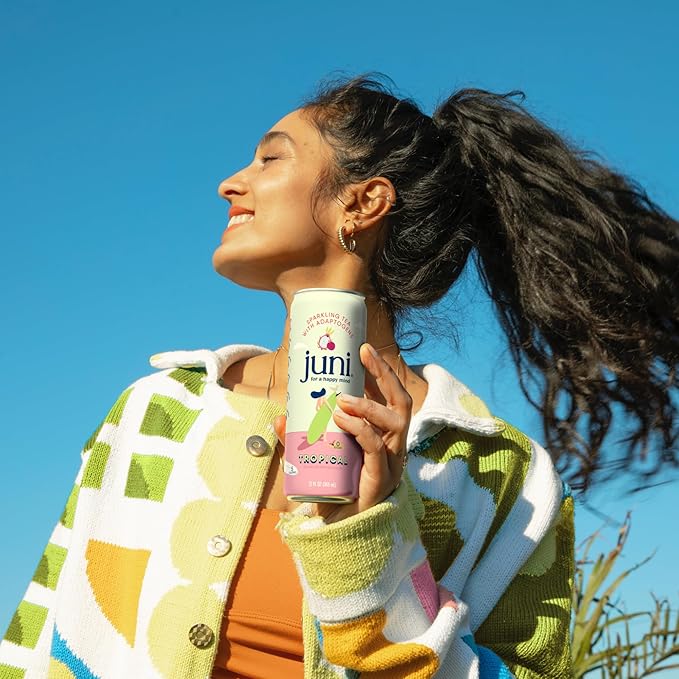 Juni Sparkling Adaptogen Drink with Ashwagandha, Lion’s Mane & Reishi Mushrooms | Green Tea for Focus, Zero Sugar, 5 Calories, Organic | Non Alcoholic Drinks - Tropical 12 pack