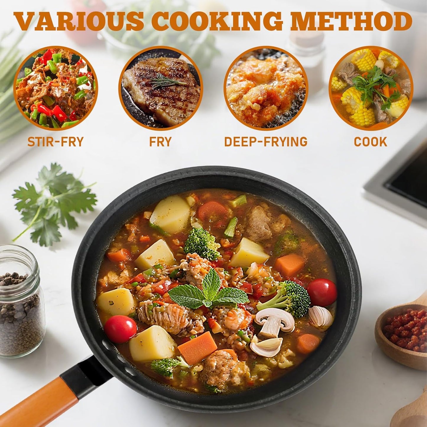 Nonstick Frying Wok Pan Hybrid, 11 Inch Preseasoned Deep Stir Fry Pan Skillet with Glass Lid, Traditional Chinese Cast Iron Wok, No Coated Saucepan for Induction, Electric, Gas, Grill Stoves