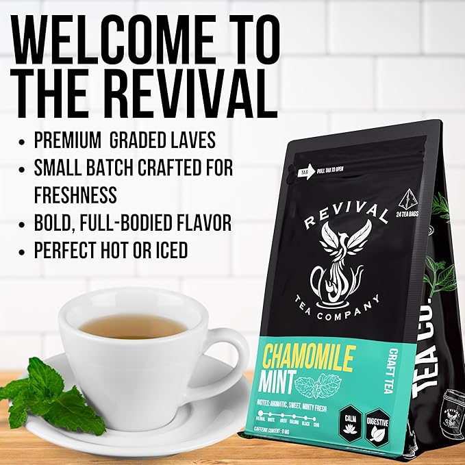 Revival Tea Company Chamomile Mint Tea - Herbal Tea Blend of Chamomile Flowers and Peppermint Leaf - Caffeine Free - Loose Leaf 3 Ounces