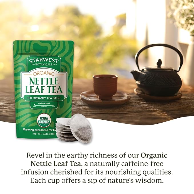 Starwest Botanicals Organic Nettle Leaf Tea - Caffeine Free Herbal Tea, Promotes Calm, USDA Organic Nettle Leaf, String Free Sachets, Non GMO - Bulk Pack, 100 Tea Bags