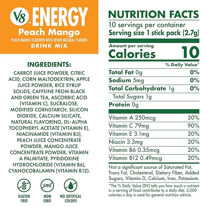 V8 Energy Peach Mango Energy Drink Powder, .10 oz Packet (120 Count)