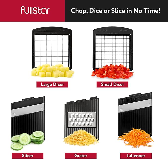 Fullstar All-in-1 Vegetable Chopper and Mandoline Slicer for Kitchen - Cheese Grater, French Fry Cutter, Cheese Slicer - Bonus Handheld Spiralizer Included (6 in 1, Black/White)