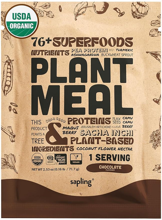 Plant Meal Replacement Shake - Chocolate - 25g of Plant Based Vegan Protein Powder, 76+ Organic Superfoods, Vitamins & Minerals, Mushrooms, Super Greens, Digestive Enzymes & Probiotics - 1 Serving