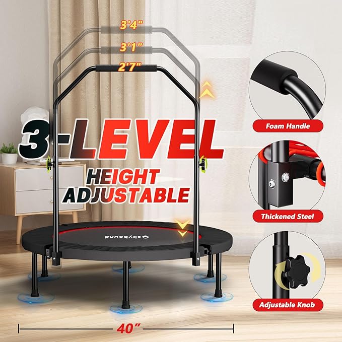 Rebounder Trampoline for Adults - 40" Foldable Mini Trampoline Fitness Rebounder with Adjustable U-Bar Handle, Max Load 350lbs,Stable Quiet Indoor/Outdoor Exercise Equipment