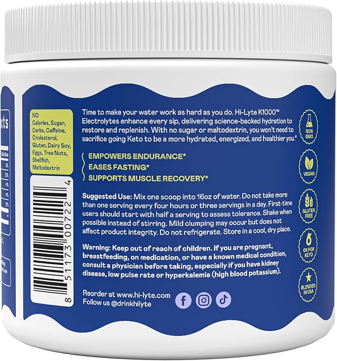 Hi-Lyte Keto K1000 Electrolyte Powder | Unflavored | Hydration Supplement Drink Mix | Boost Energy & Beat Leg Cramps | No Sugar, Stevia, Maltodextrin | 50 Servings