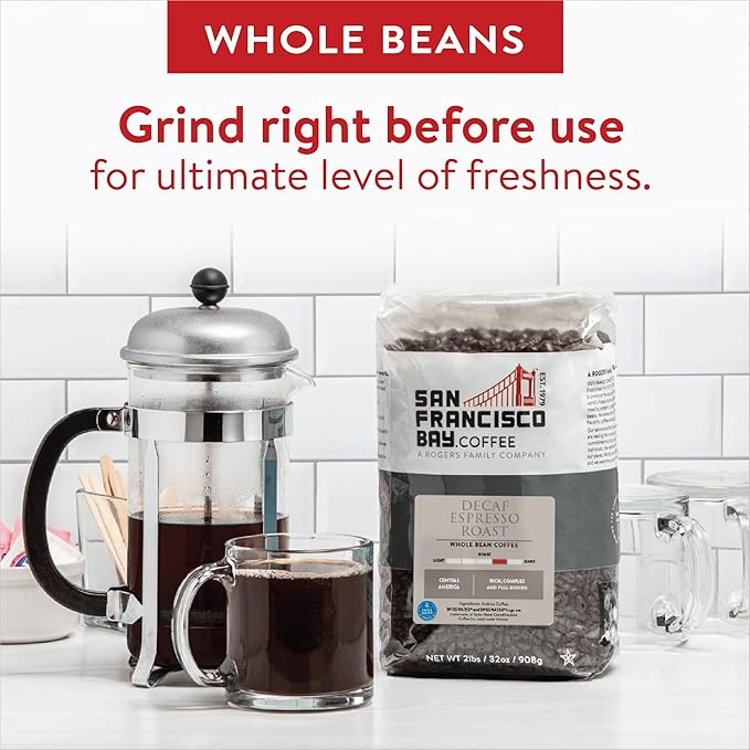 San Francisco Bay Coffee - Decaf Medium-Dark Roast Whole Bean Coffee - Decaf Espresso Roast (2 lb bag) - Swiss Water Processed