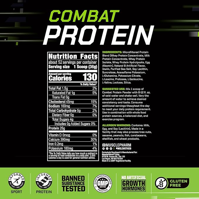 Muscle Pharm Combat Protein Powder, Horchata Flavor, Fuels Muscles for Productive Workouts, 5 Protein Sources Including Whey Protein Isolate & Egg Albumin, Gluten Free, 4 lb, 52 Servings