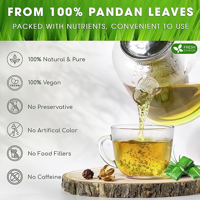 FreshDrinkUS, Premium 30 Pandan Leaf Tea Bags, 100% Natural & Pure from Pandan Leaves. Loose Leaf Pandan Herbal Tea. Made with Natural Material Tea Bags. No Sugar, No Caffeine, No Gluten, Vegan. (30 Tea bags)