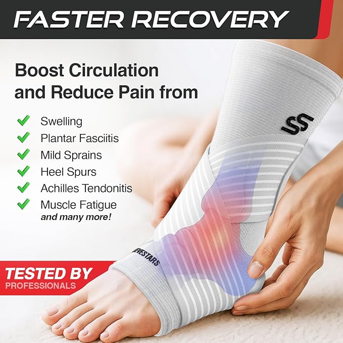 Sleeve Stars Ankle Brace for Women & Men, Ankle Wrap for Sprain, Compression Sleeve for Plantar Fasciitis Relief, Easy Customizable Support: w/ Removable Strap (Pair/M:10"-12"/White)