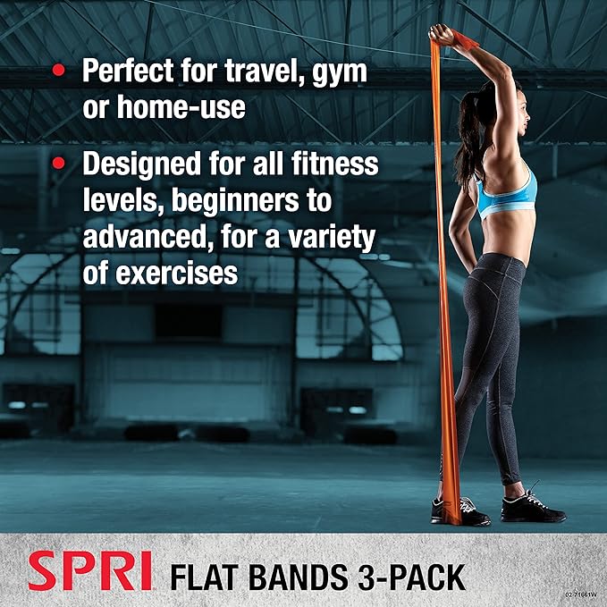 SPRI Flat Bands 3-Pack - Resistance Band Kit Set with 3 Levels of Resistance - Exercise Bands for Strength Training, Flexibility, & Body Workout - Versatile Fitness Tool - Light, Medium, and Heavy
