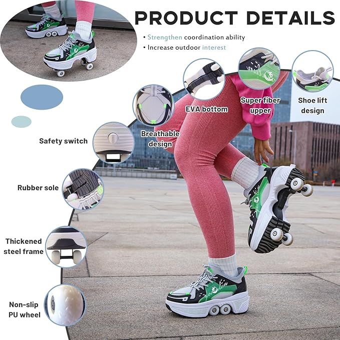 Roller Skate Shoes for Women Four Rounds Children's Roller Skates Shoes That Turn into Rollerskates Sneakers Outdoor Light Shoes with Wheels for Girls/Boys