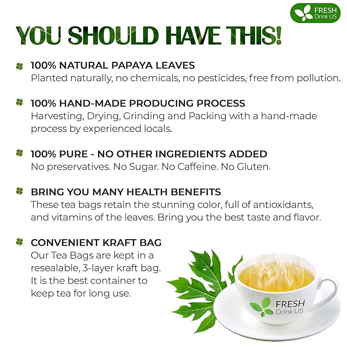FreshDrinkUS, Premium 135 Papaya Leaf Tea Bags, 100% Natural & Pure from Papaya Leaves. Loose Leaf Papaya Herbal Tea. Made with Natural Material Tea Bags. No Sugar, No Caffeine, No Gluten, Vegan.