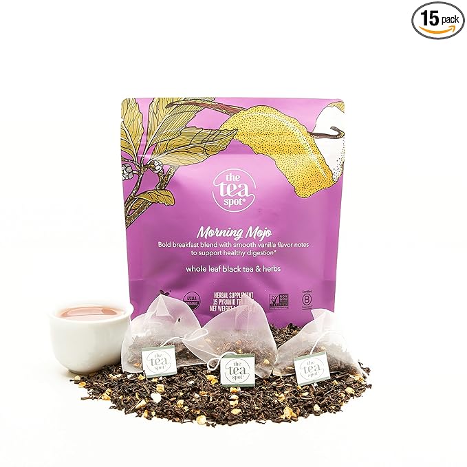 The Tea Spot Organic Morning Mojo Black Tea with Vanilla and Citrus for Energy | Breakfast Blend of Pu'erh Tea, Black Tea, Orange Peel and Vanilla Flavor | 15 Tea Bags