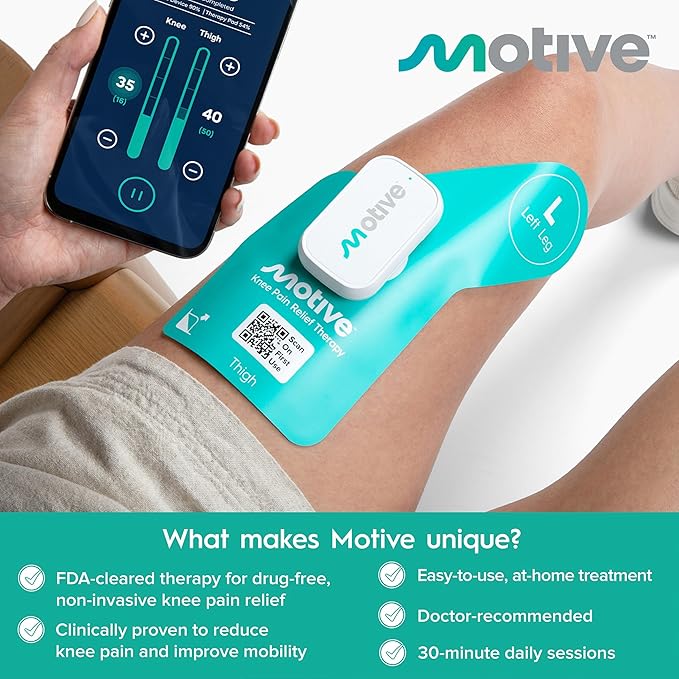 Motive Knee Pain Relief Therapy - Advanced Non-TENS Device to Treat Muscle Weakness, App Controlled, and a Portable Home Treatment for Pain Management Solution - Both Knees