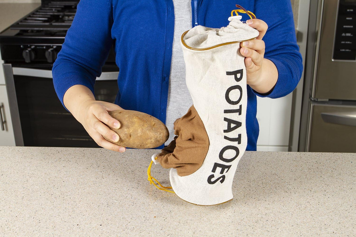 Fresh Fare Double Drawstring Potato Bag, Protects from Light and Delays Spoilage Sprout-Free Vegetable Storage Bag for Potatoes, 5lb Capacity, Beige