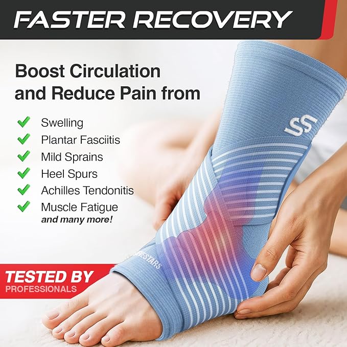 Sleeve Stars Ankle Brace for Women & Men, Ankle Wrap for Sprained Ankle, Compression Sleeve for Plantar Fasciitis Relief, Easy Customizable Support: w/Removable Strap (Single/S:9"-10"/Light Blue)