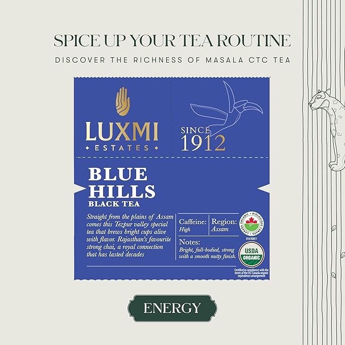 Luxmi Estates - Blue Hills - Organic CTC Assam Black Tea - Loose Leaf - 100g (50 Cups) | Jodhpur Blend - Rajasthan's Favorite Chai | Strong Cup of Original Indian Chai Tea - No Spices