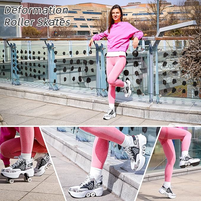 Roller Skate Shoes for Women Four Rounds Children's Roller Skates Shoes That Turn into Rollerskates Sneakers Outdoor Light Shoes with Wheels for Girls/Boys