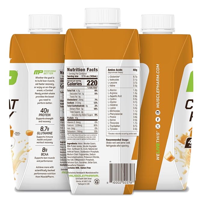 MusclePharm Combat Ready High Protein Shakes Ready to Drink, 40g Protein, 8g BCAAs, 8.7g Glutamine, 5g Fiber, No Added Sugar, Gluten Free, Salted Caramel, 17 Fl Oz (Pack of 12)