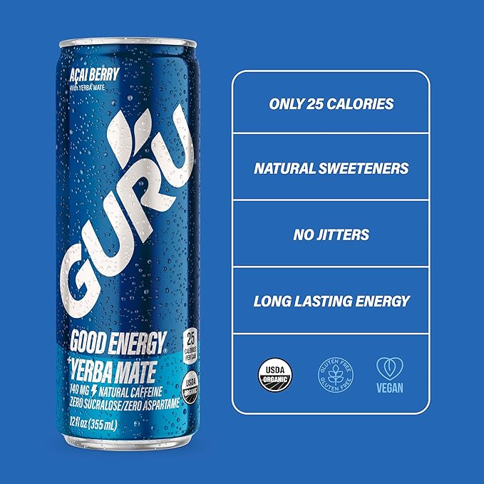 GURU Yerba Mate Organic Energy Drinks, Clean Energy Drink with Plant Based Natural Caffeine from Green Tea, Low Calorie, Gluten Free, 140mg Caffeine, Healthy Drinks, Acai Berry, 12oz (Pack of 24)