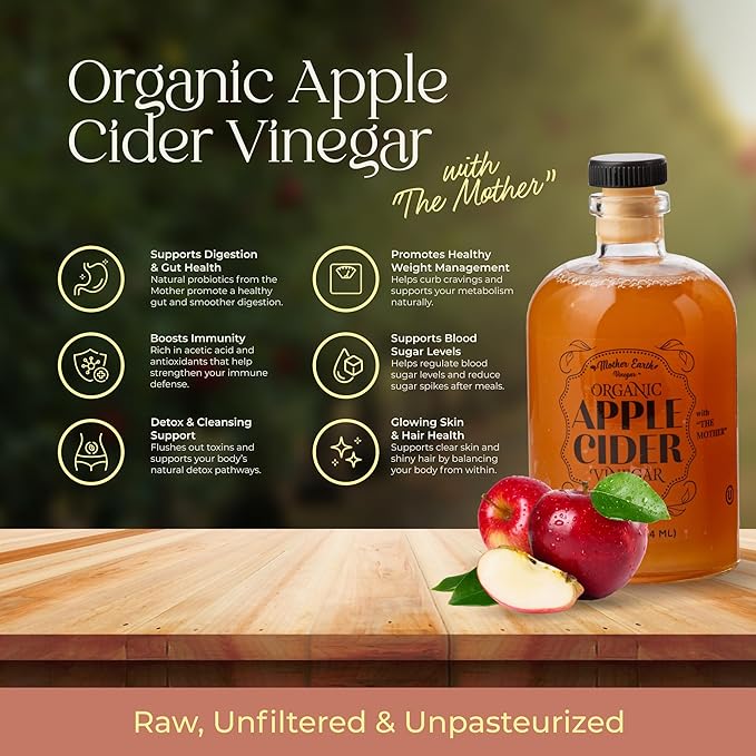 Mother Earth, Organic Apple Cider Vinegar with The Mother, Fresh Pressed Organic Apples, OACV, ACV, Raw, Unpasteurized, Unfiltered (1/14oz Apothecary Glass Bottle with Pour Spout)