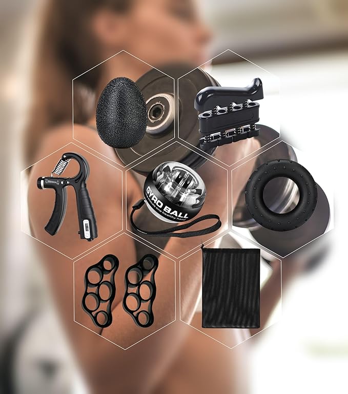 Hand Grip Strengthener Workout Kit (8 Pack) Forearm Grip Adjustable Resistance Hand Gripper, Finger Stretcher, Finger Exerciser, Grip Ring,Gyro Ball