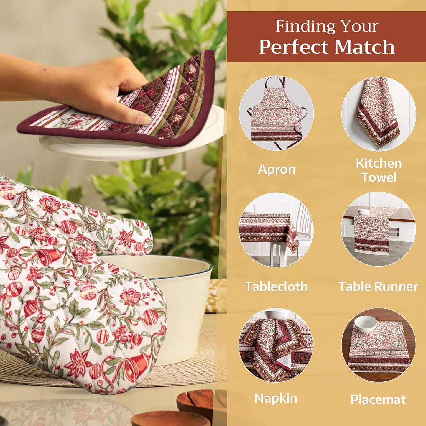 Maison d' Hermine Pot Holders Set 100% Cotton Heat Resistant Potholders 8" x 8" Hot Pads with Loop BBQ, Cooking, Baking, Grilling, Kitchen, Handling Hot Pans (Pack of 2, Reveillon Au Jardin)