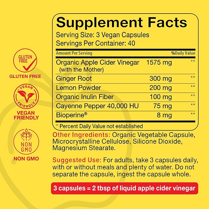 Intentionally Bare Apple Cider Vinegar with Mother Capsules - ACV Capsules with Ginger, Lemon, Cayenne and Inulin - Keto Friendly and Gluten Free for Energy, Immunity and Gut Health - 120 Capsules