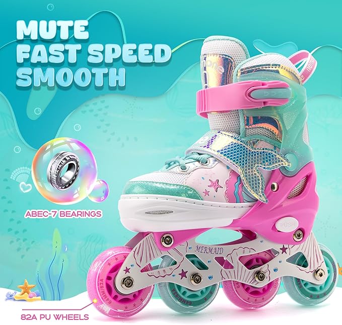 NEMONE Mermaid Inline Skates, 4 Sizes Adjustable Skates for Girls Kids with Light up Wheels, Indoor Beginner Outdoor for Kids Ages 4-6 5-8 6-12 8-12