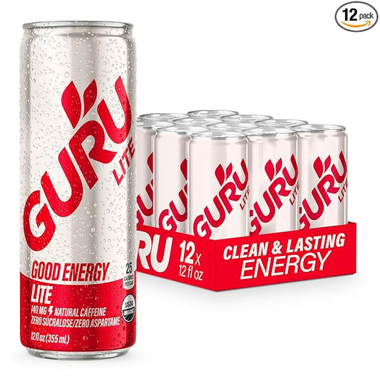 GURU Lite Organic Energy Drinks, Clean Energy Drink with Plant Based Natural Caffeine from Green Tea, Low Calorie, Gluten Free and Vegan, 140MG Caffeine, Healthy Drinks, 12oz (Pack of 12)