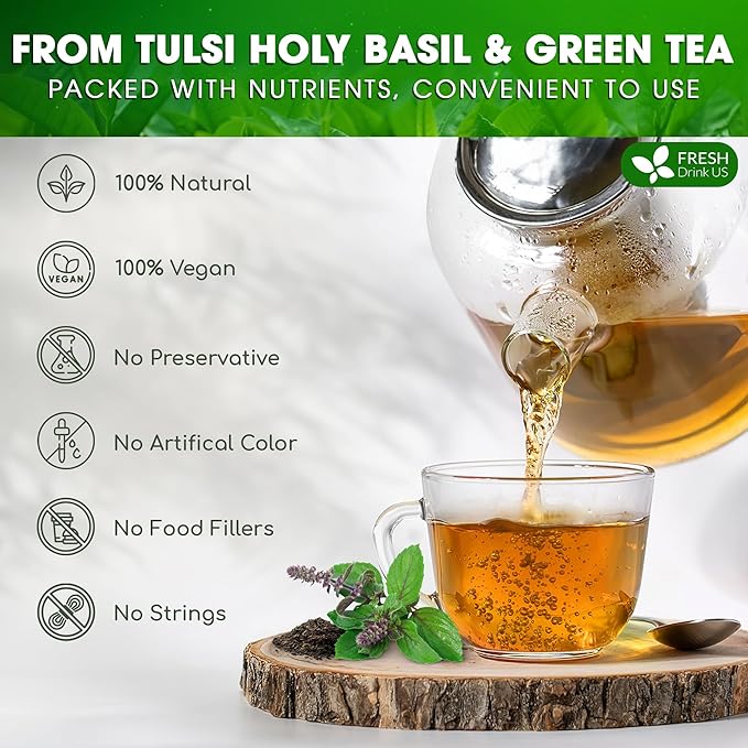 FreshDrinkUS, Premium 55 Tulsi Green Tea Bags, 100% Natural, Blend of Tulsi Holy Basil Leaves, and Green Tea Leaves. Made with Natural Material Tea Bags. No Sugar, Vegan.
