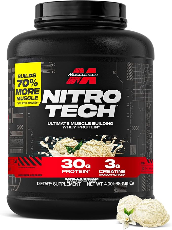 Muscletech Whey Protein Powder (Vanilla Cream, 4 Pound) - Nitro-Tech Ultimate Muscle Building Formula with Whey Protein Isolate - 30g of Protein, 3g of Creatine & 6.8g of BCAA - Packaging May Vary