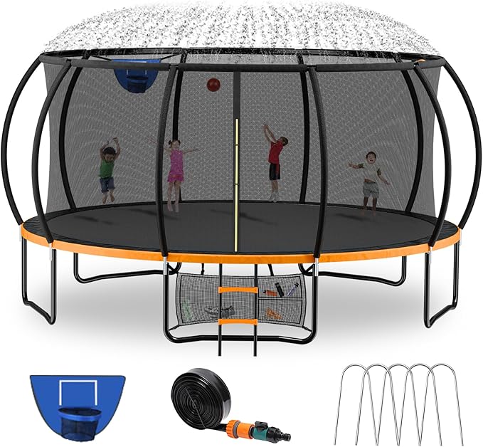 Trampoline 8FT 10FT 12FT 14FT 16FT, Outdoor Trampolines for Kids and Adults, Recreational Trampoline with Enclosure Net & Ladder, Round Trampoline ASTM Approved, 400/450LBS Weight Capacity